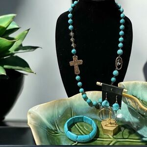 Genuine Gemstone Necklace Matching Earrings & Bracelet Turquoise